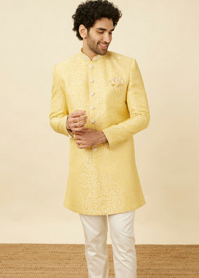 Manyavar Men Crayola Yellow Medallion Patterned Indo Western Set image number 0