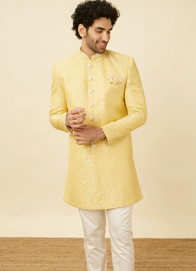 alt message - Manyavar Men Crayola Yellow Medallion Patterned Indo Western Set image number 0