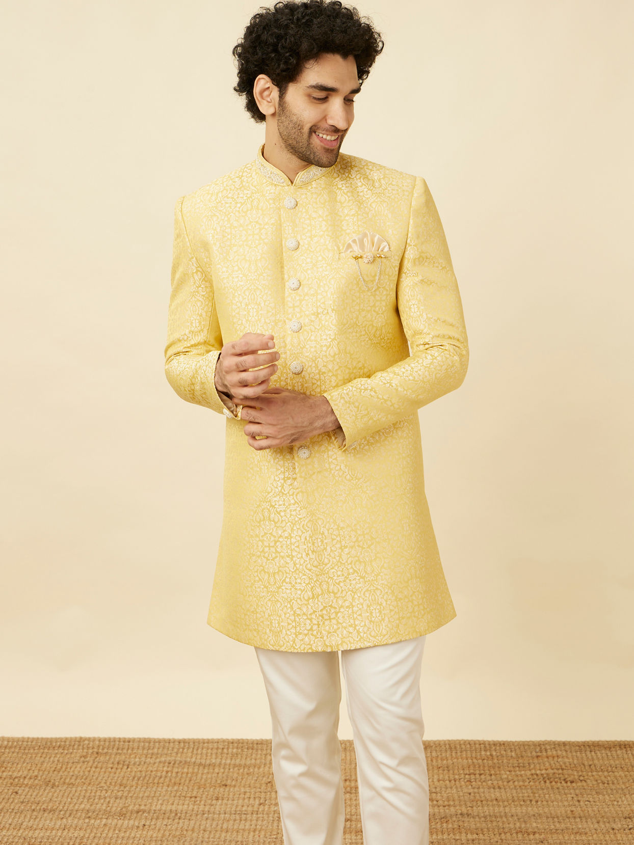 alt message - Manyavar Men Crayola Yellow Medallion Patterned Indo Western Set image number 0