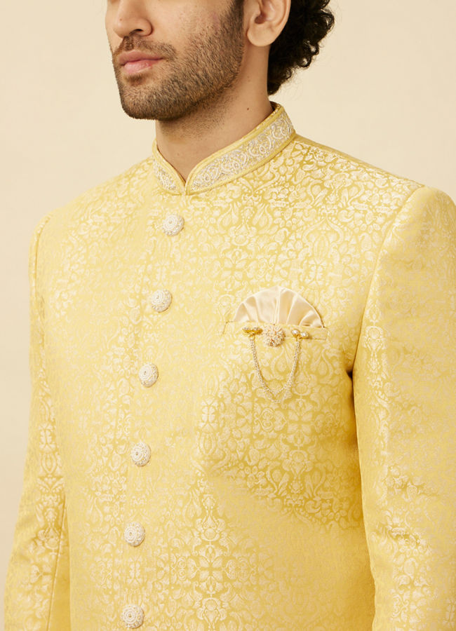 alt message - Manyavar Men Crayola Yellow Medallion Patterned Indo Western Set image number 1