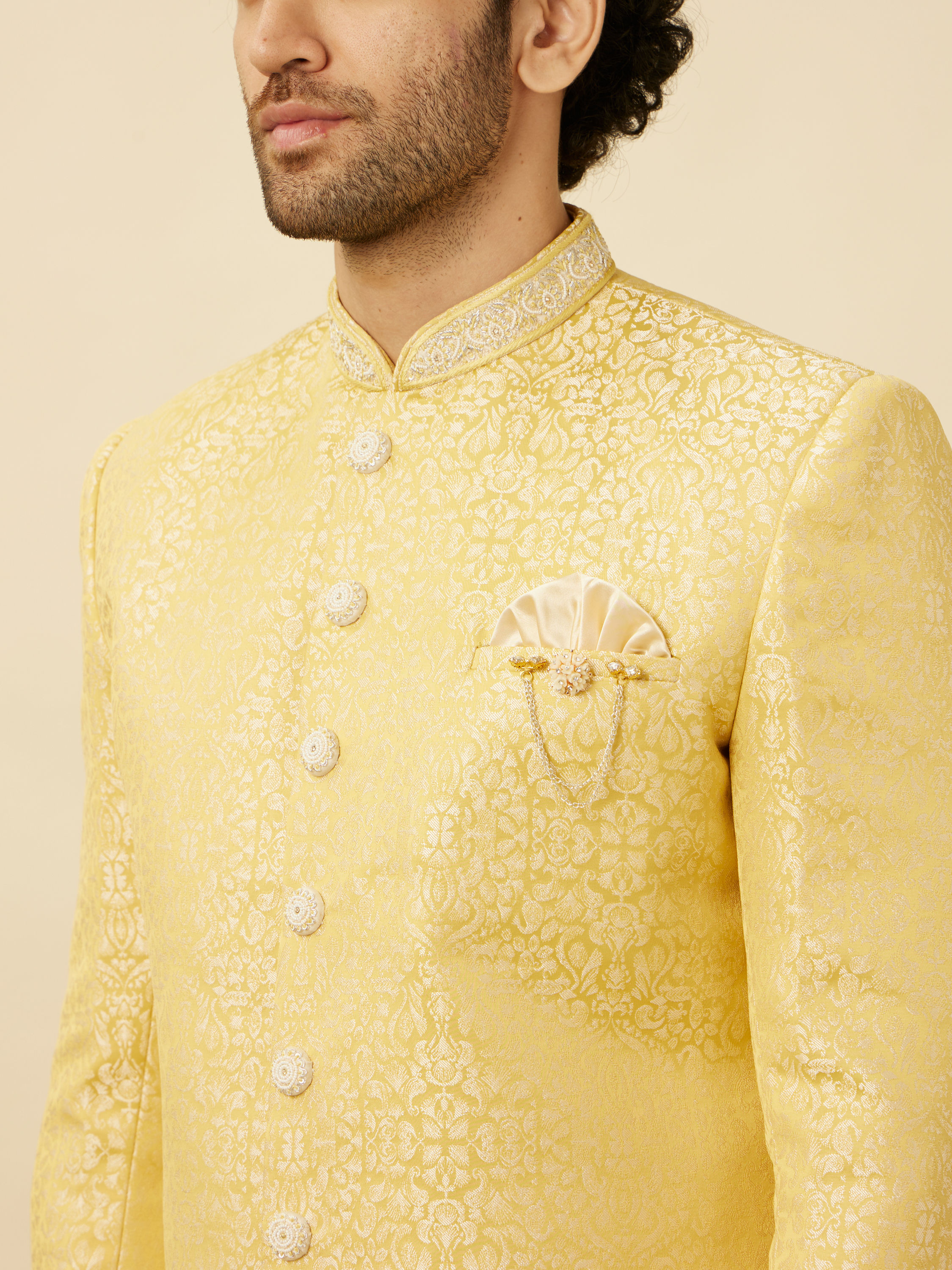 Manyavar Men Crayola Yellow Medallion Patterned Indo Western Set