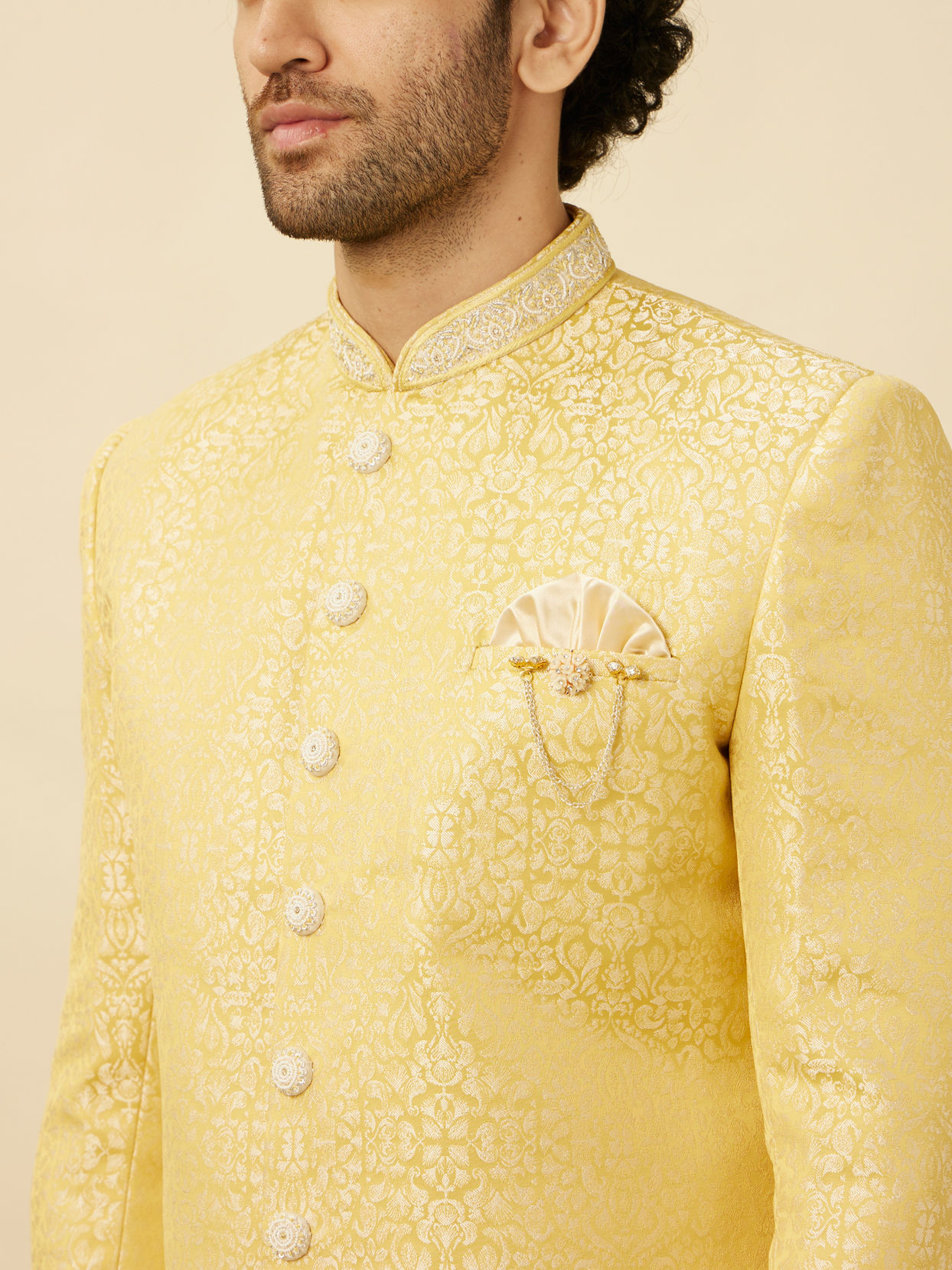 alt message - Manyavar Men Crayola Yellow Medallion Patterned Indo Western Set image number 1