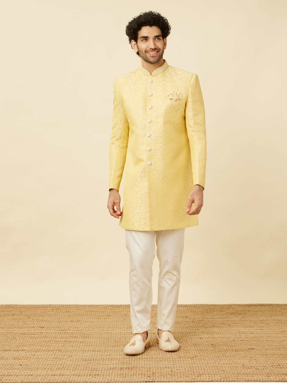 Manyavar Men Crayola Yellow Medallion Patterned Indo Western Set