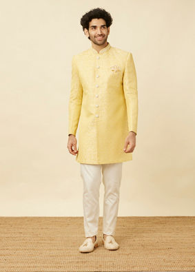 Manyavar Men Crayola Yellow Medallion Patterned Indo Western Set image number 2