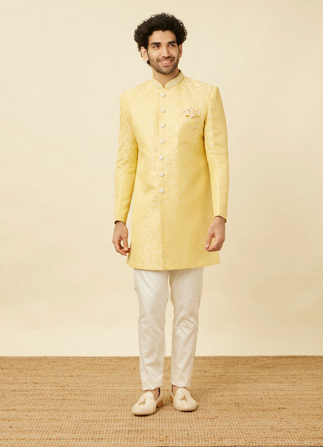 alt message - Manyavar Men Crayola Yellow Medallion Patterned Indo Western Set image number 2