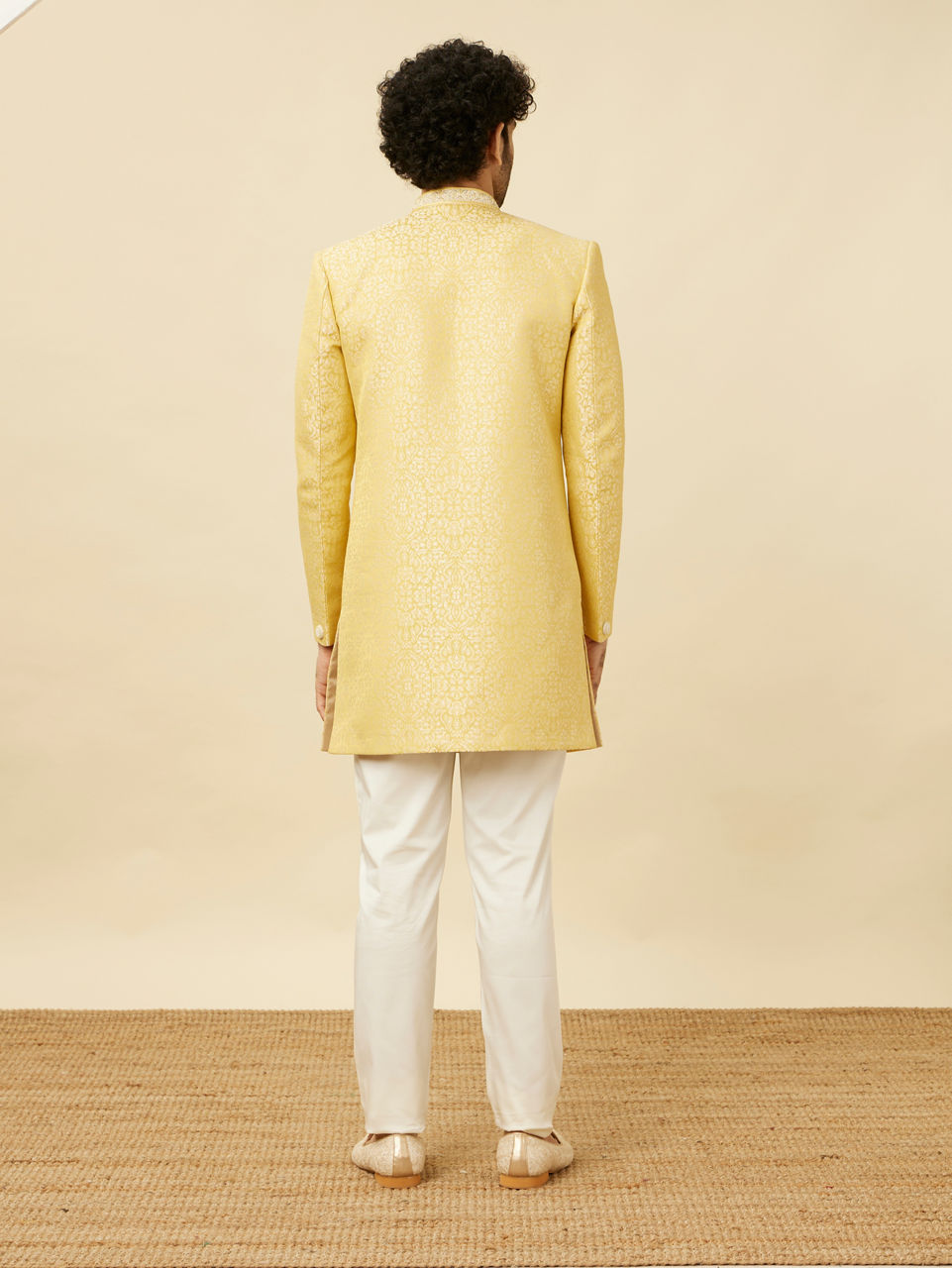 Manyavar Men Crayola Yellow Medallion Patterned Indo Western Set