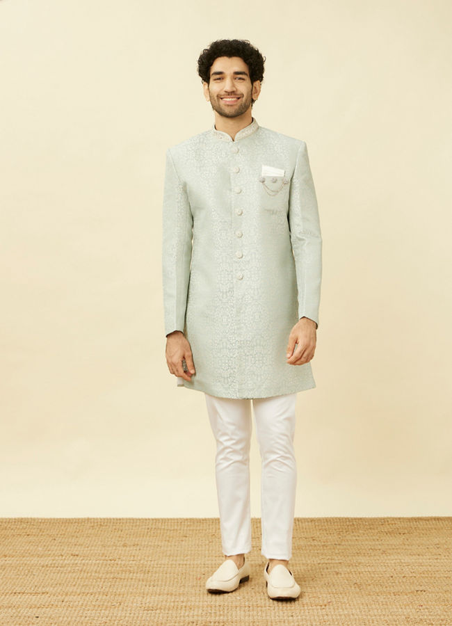 Manyavar Men Tropical Blue Medallion Patterned Indo Western Set