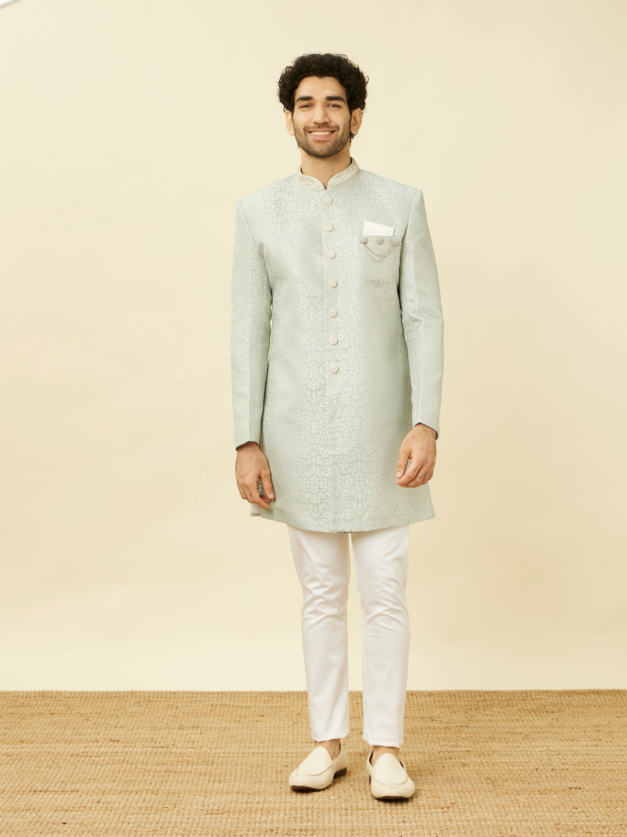 alt message - Manyavar Men Tropical Blue Medallion Patterned Indo Western Set image number 2