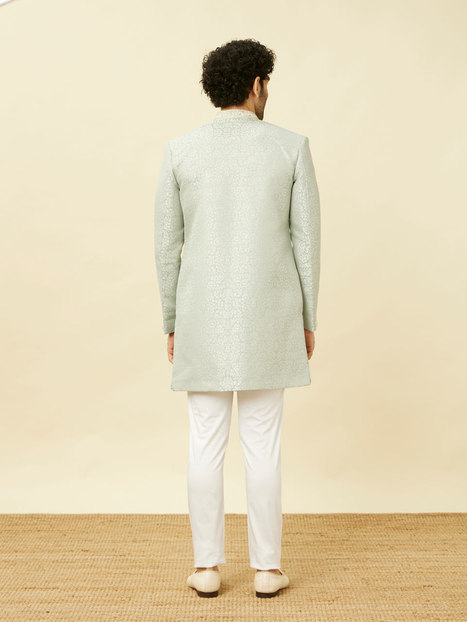 Manyavar Men Tropical Blue Medallion Patterned Indo Western Set