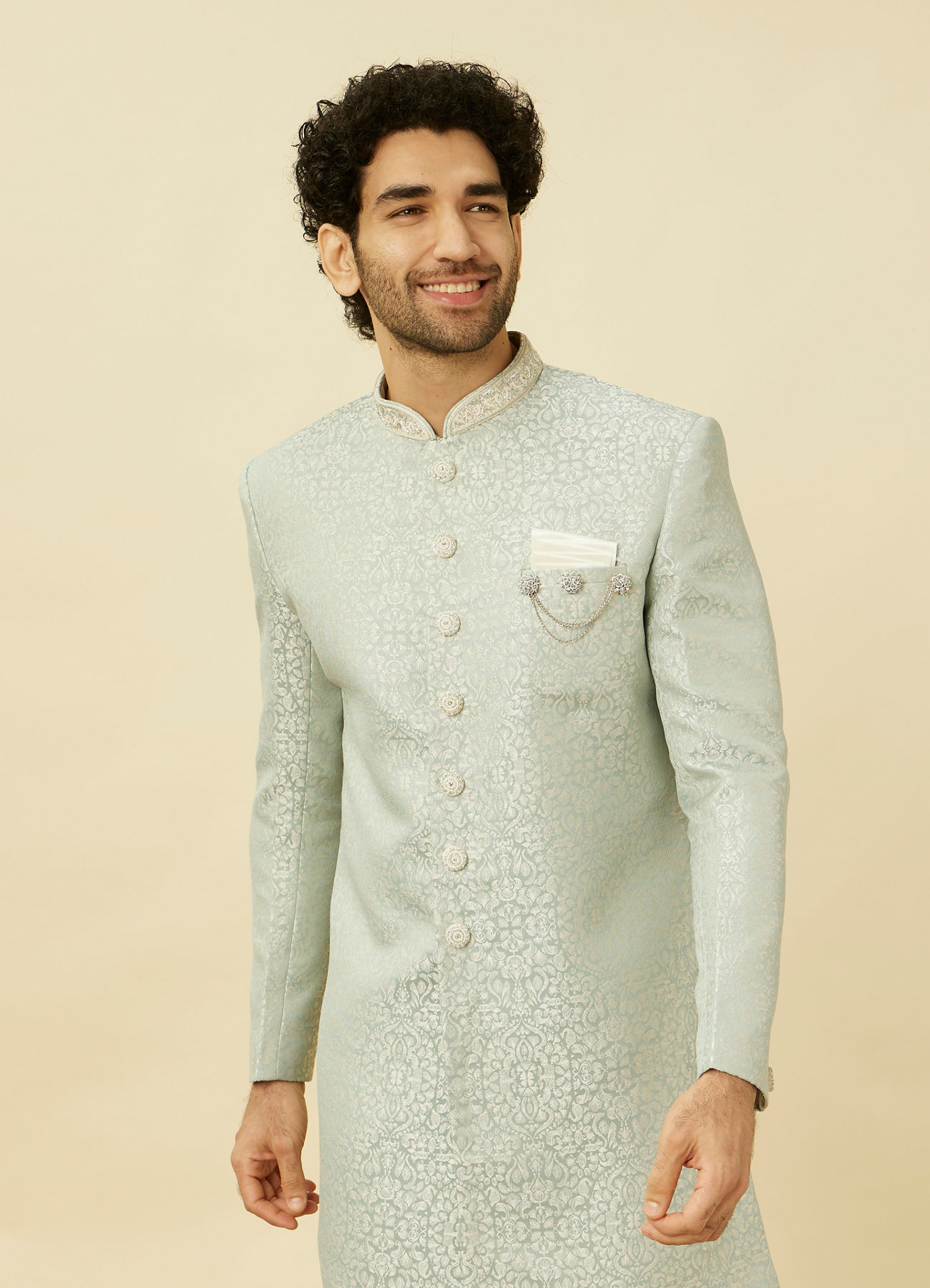 Manyavar Men Tropical Blue Medallion Patterned Indo Western Set