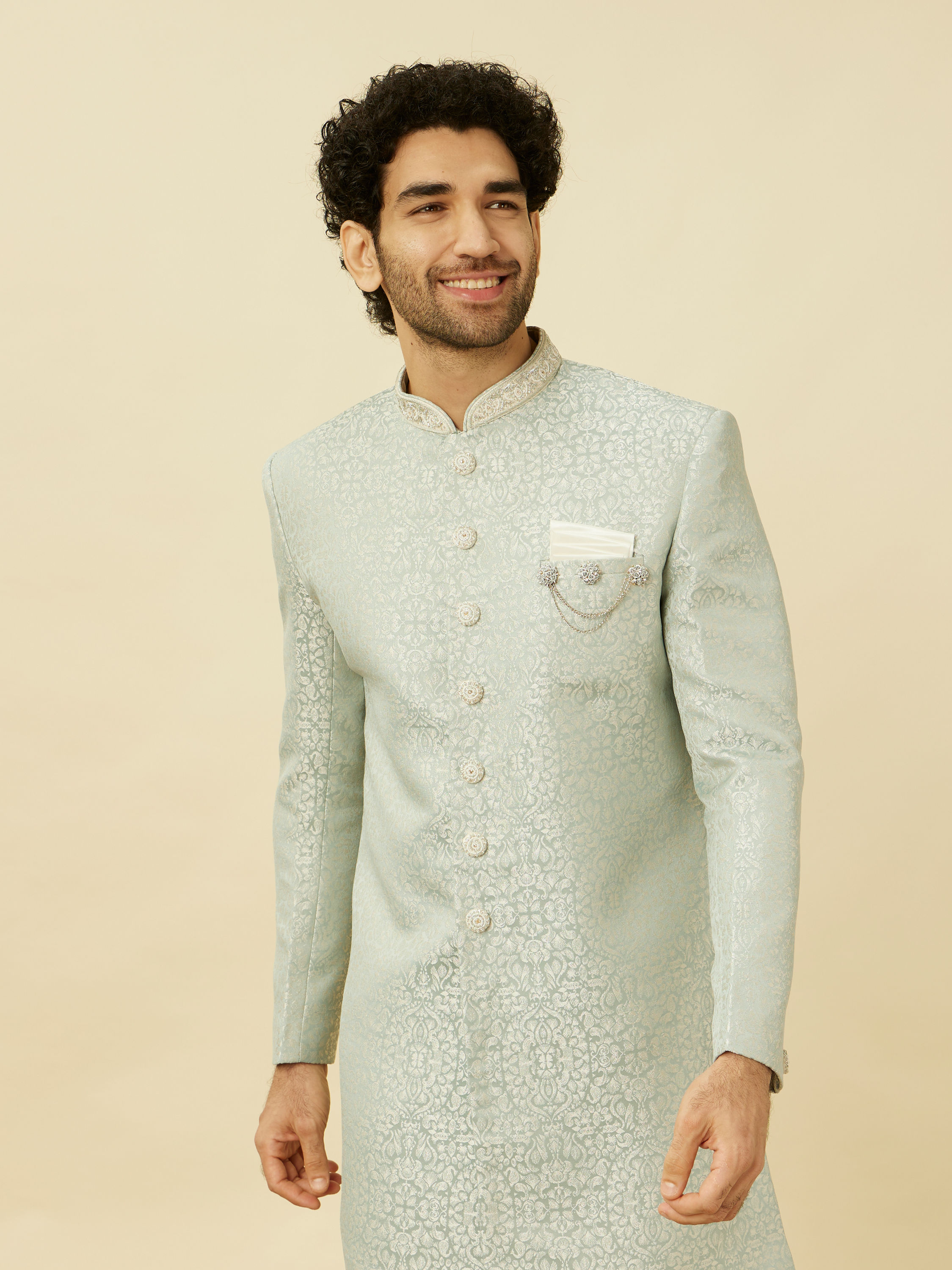 Manyavar Men Tropical Blue Medallion Patterned Indo Western Set