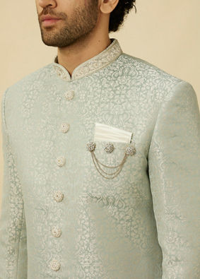 Manyavar Men Tropical Blue Medallion Patterned Indo Western Set