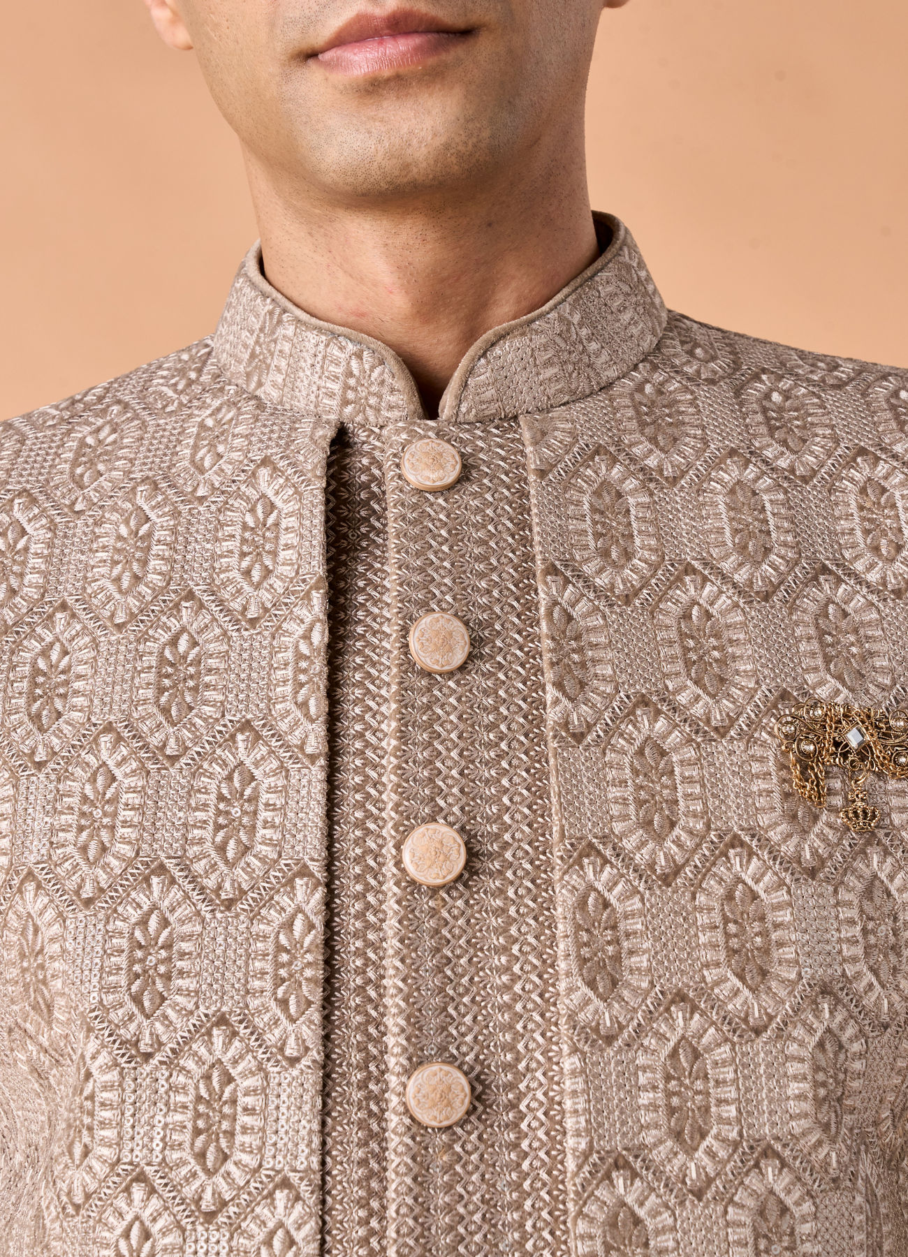 Manyavar Men Walnut Velvet Elegance Indo Western