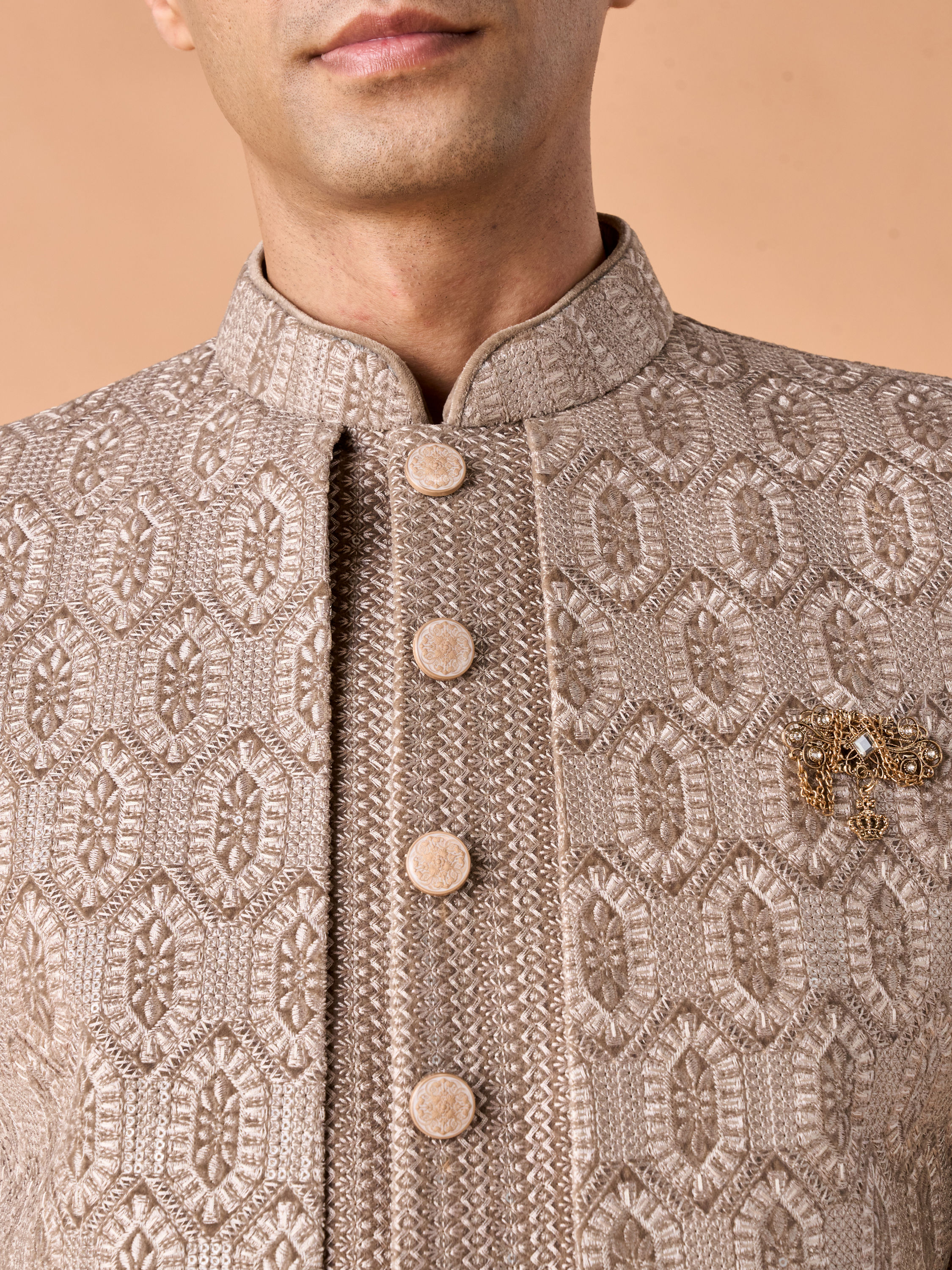 Manyavar Men Walnut Velvet Elegance Indo Western