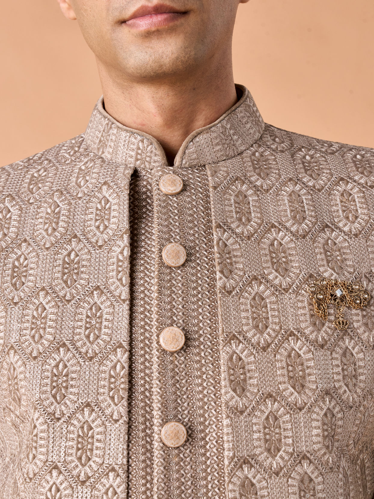 Manyavar Men Walnut Velvet Elegance Indo Western