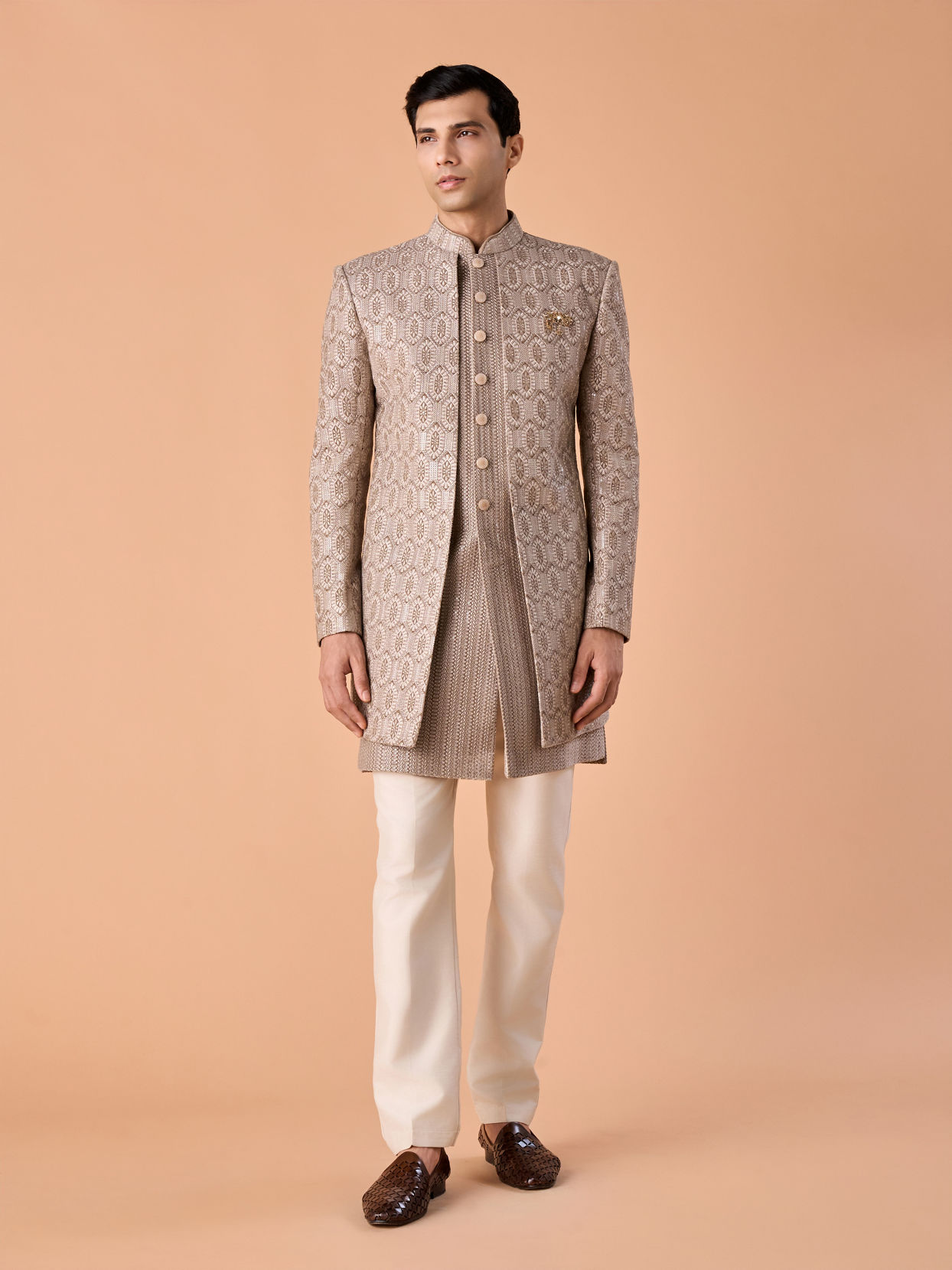 Manyavar Men Walnut Velvet Elegance Indo Western