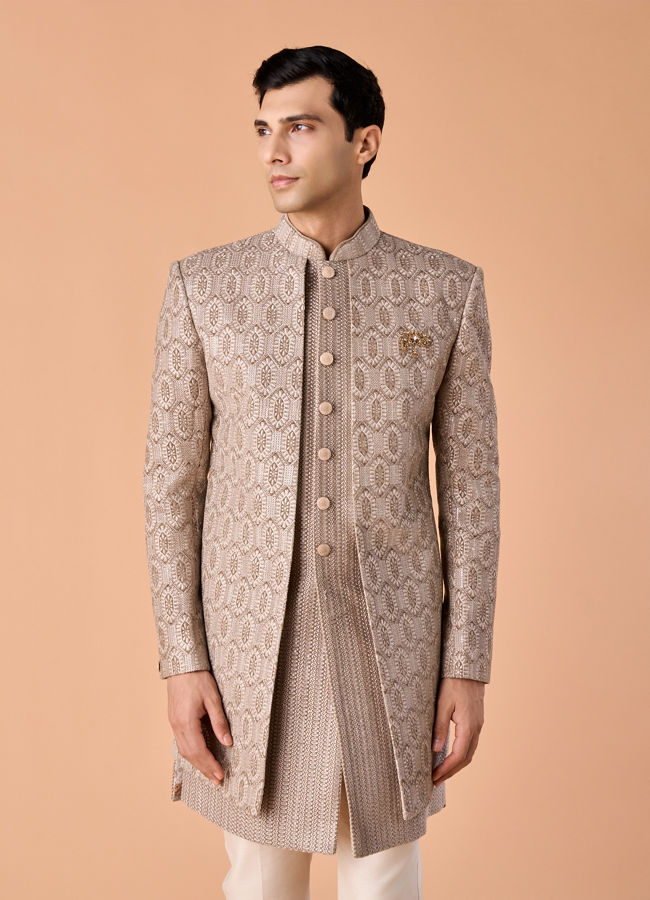 Manyavar Men Walnut Velvet Elegance Indo Western