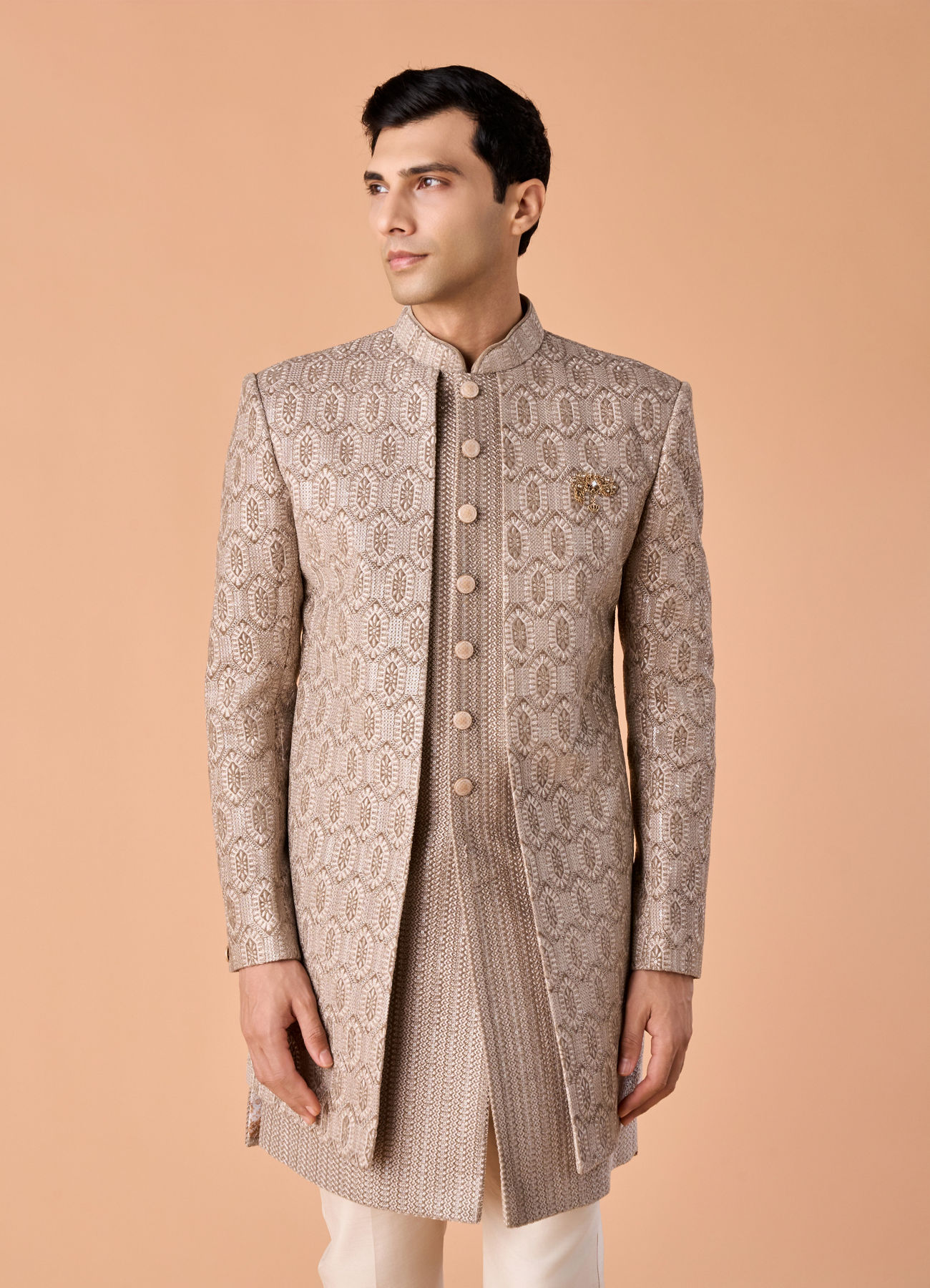 Manyavar Men Walnut Velvet Elegance Indo Western