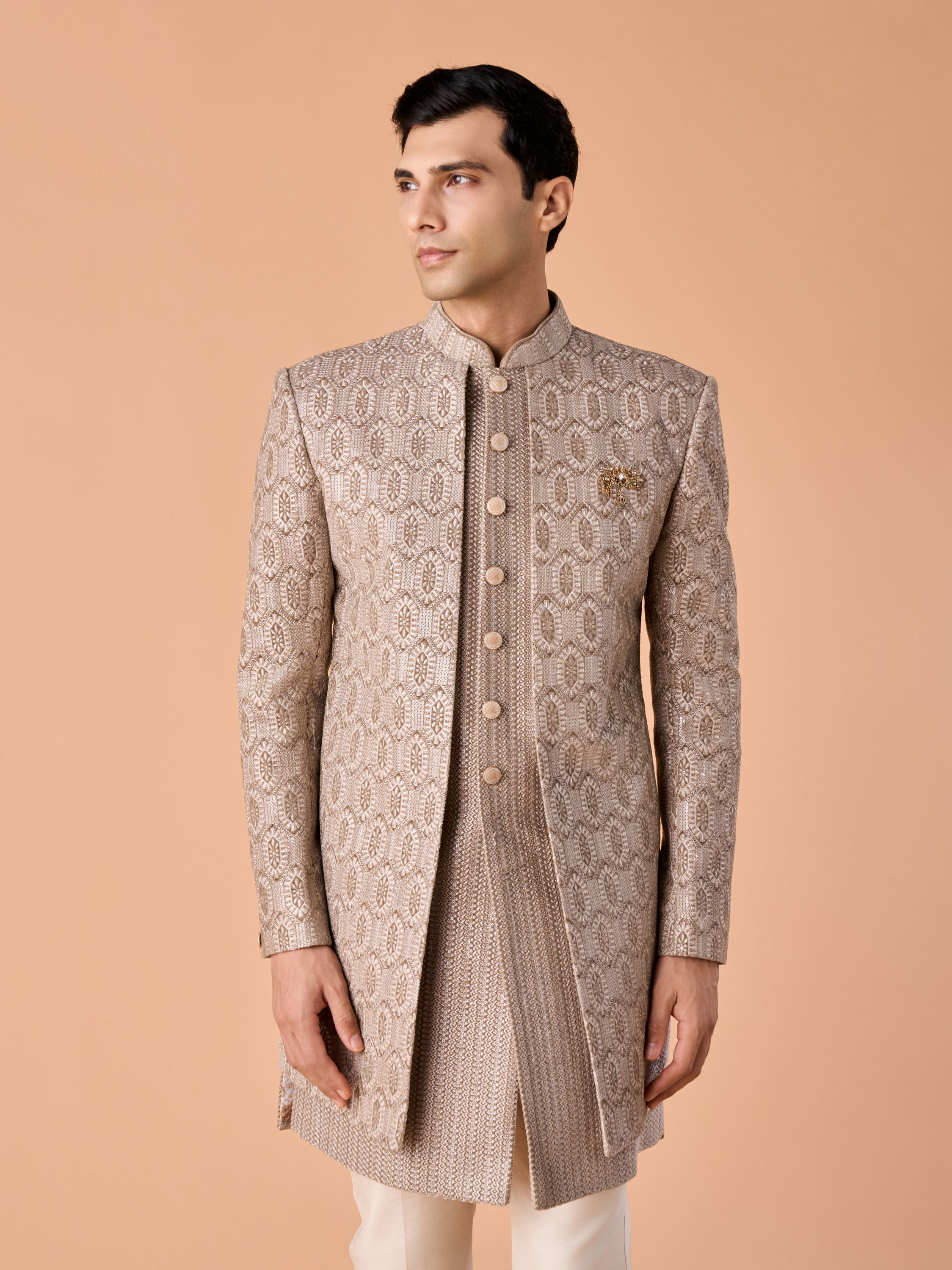 Manyavar Men Walnut Velvet Elegance Indo Western