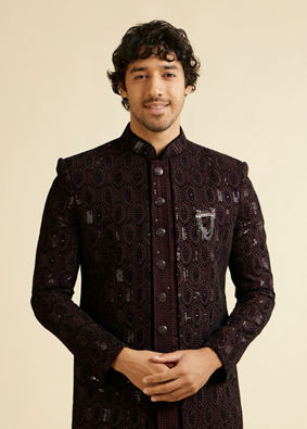 alt message - Manyavar Men Wine Honeycomb Patterned Sequinned Indo western Set image number 0