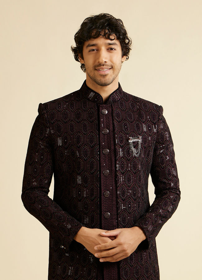 alt message - Manyavar Men Wine Honeycomb Patterned Sequinned Indo western Set image number 0