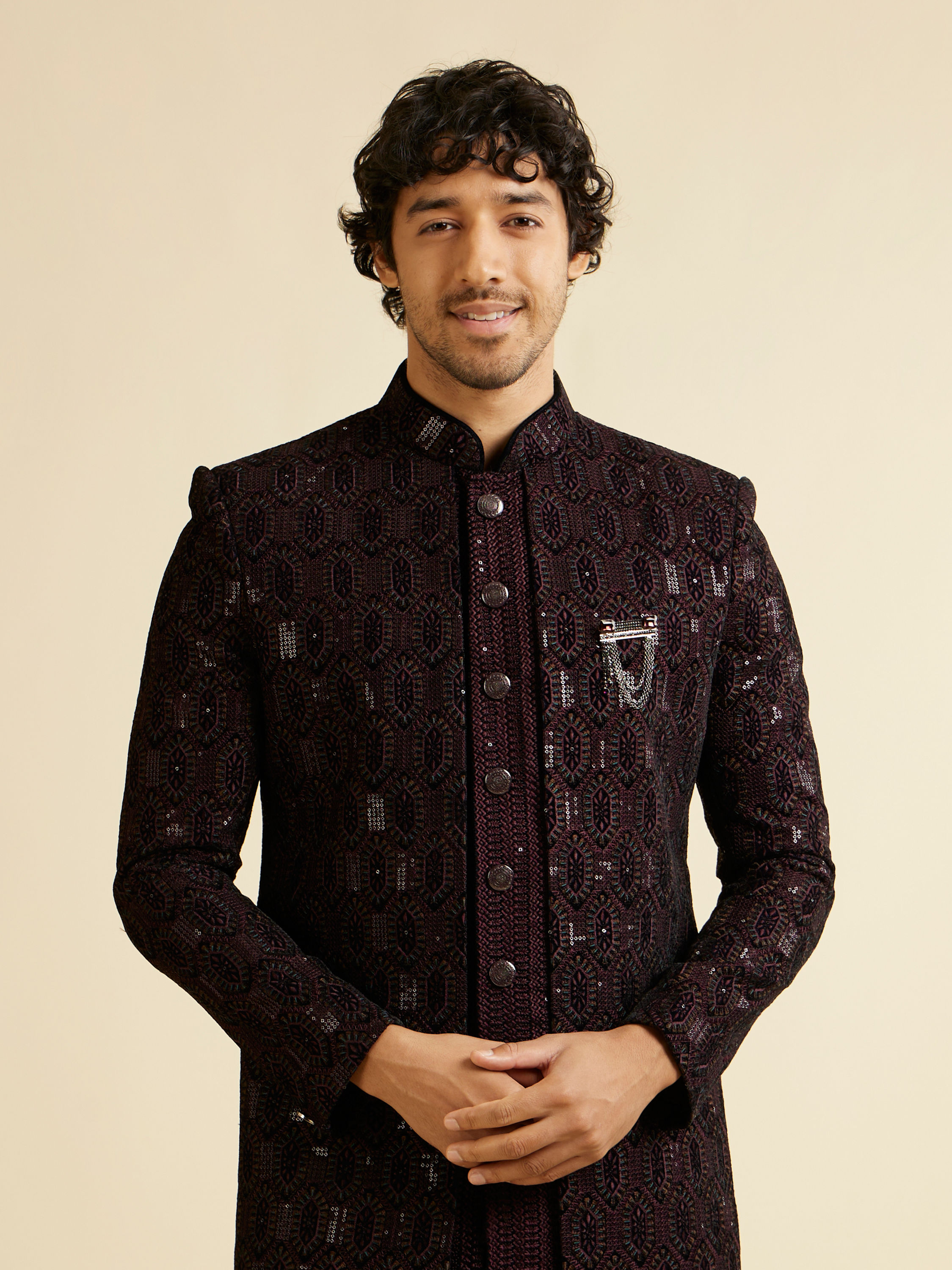 Manyavar Men Wine Honeycomb Patterned Sequinned Indo western Set