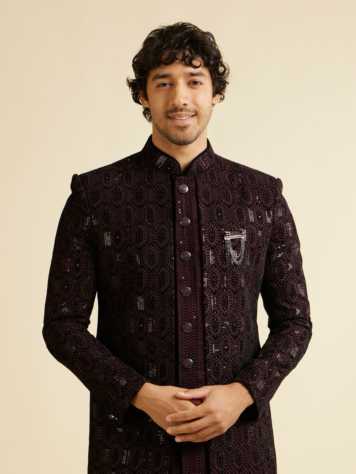 alt message - Manyavar Men Wine Honeycomb Patterned Sequinned Indo western Set image number 0