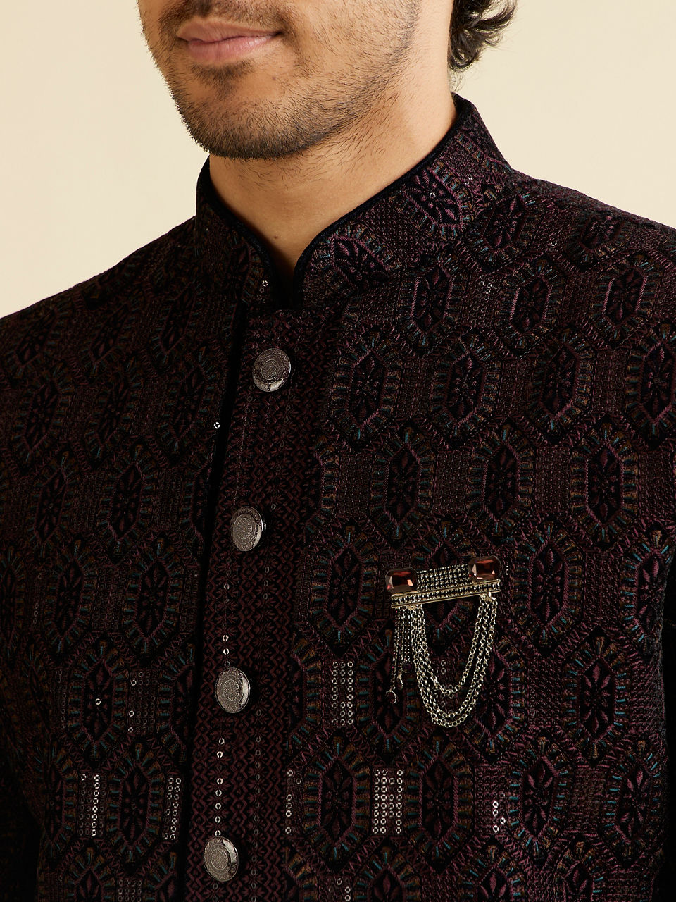 Manyavar Men Wine Honeycomb Patterned Sequinned Indo western Set