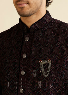 alt message - Manyavar Men Wine Honeycomb Patterned Sequinned Indo western Set image number 1