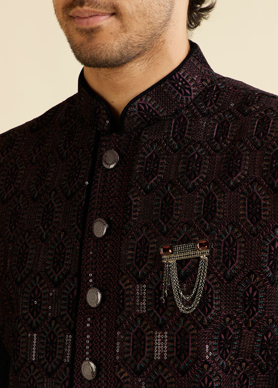 Manyavar Men Wine Honeycomb Patterned Sequinned Indo western Set