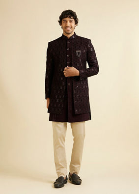 alt message - Manyavar Men Wine Honeycomb Patterned Sequinned Indo western Set image number 2