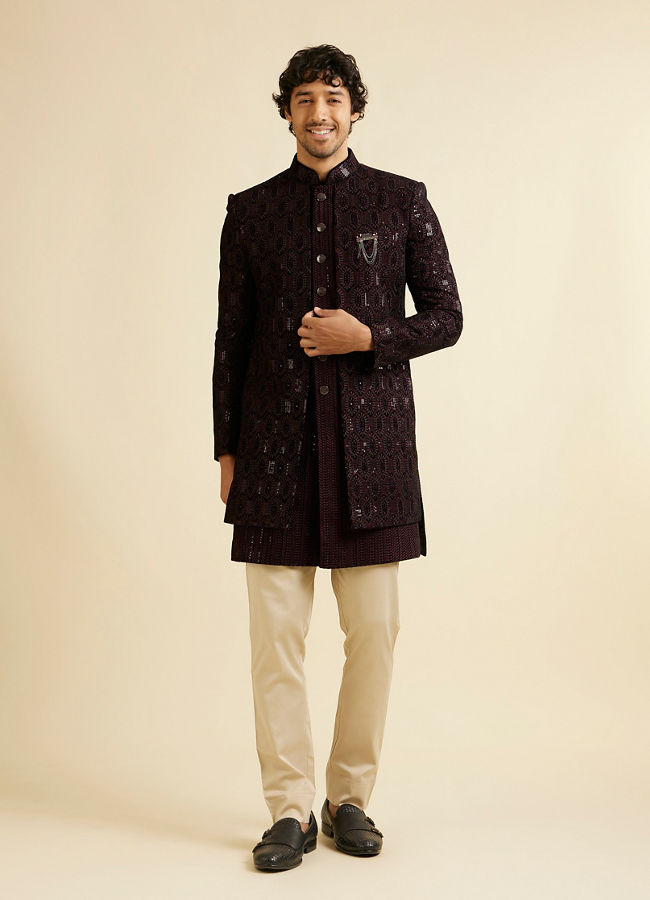 alt message - Manyavar Men Wine Honeycomb Patterned Sequinned Indo western Set image number 2