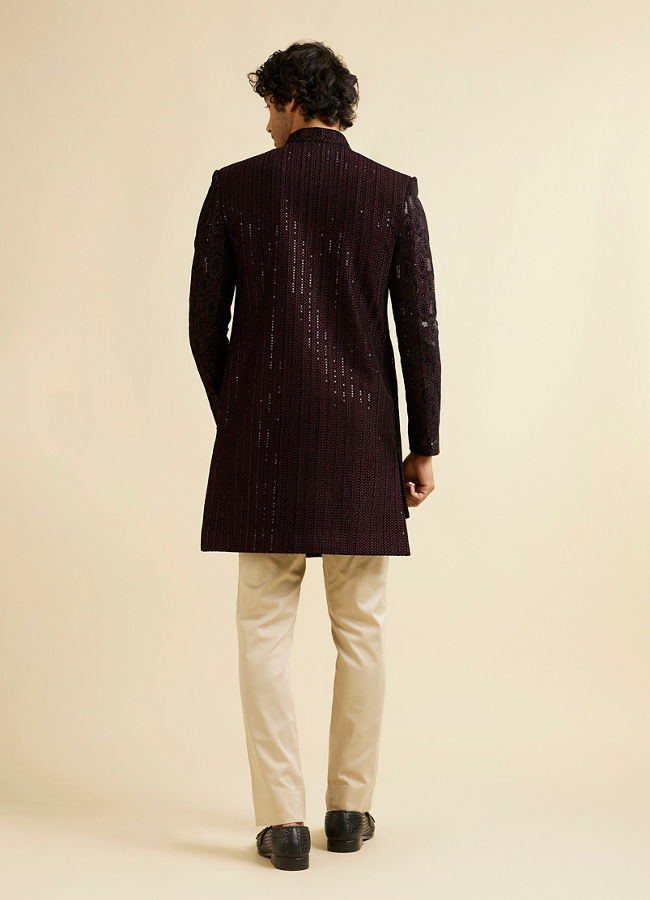 Manyavar Men Wine Honeycomb Patterned Sequinned Indo western Set
