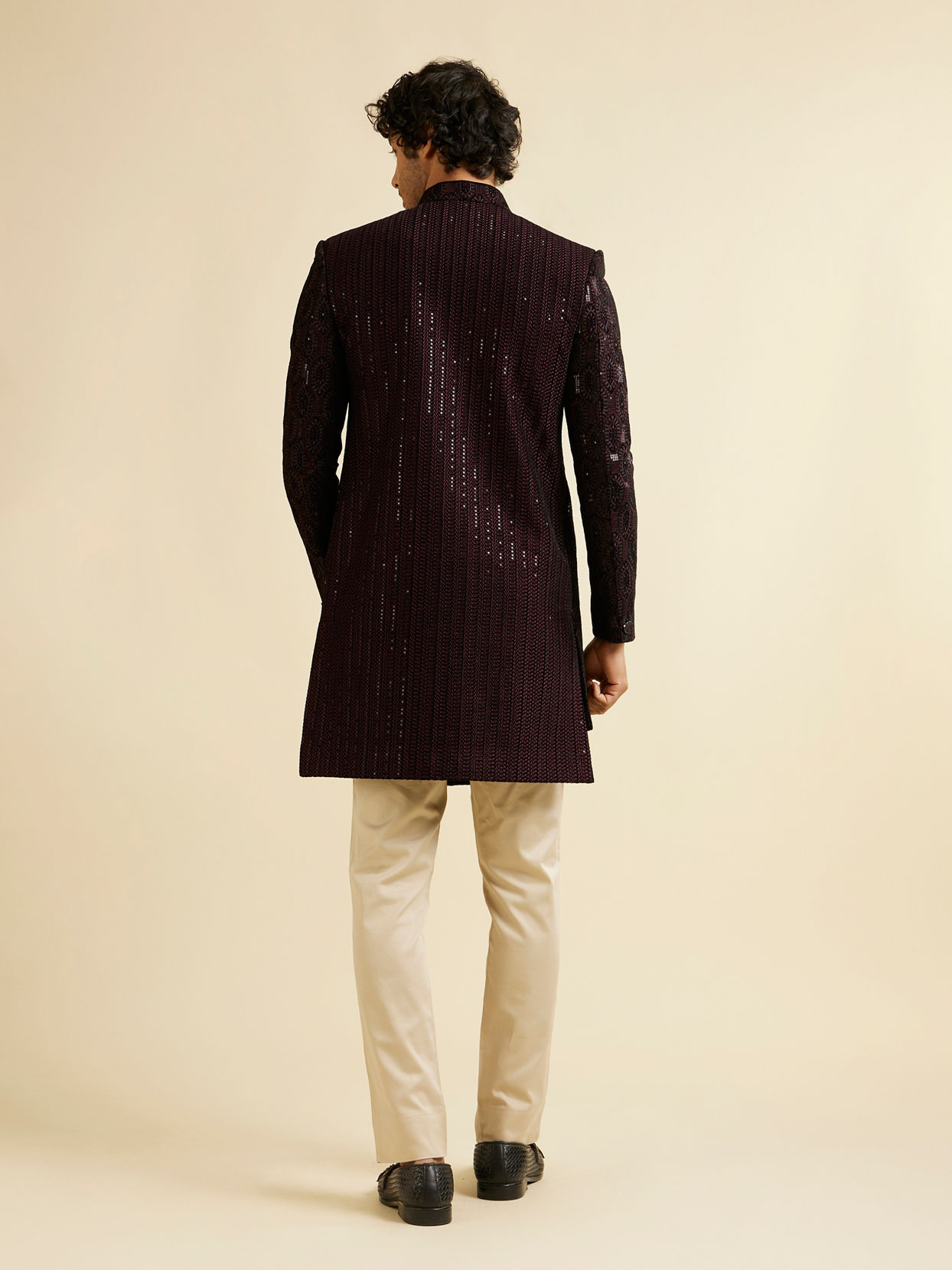 Manyavar Men Wine Honeycomb Patterned Sequinned Indo western Set