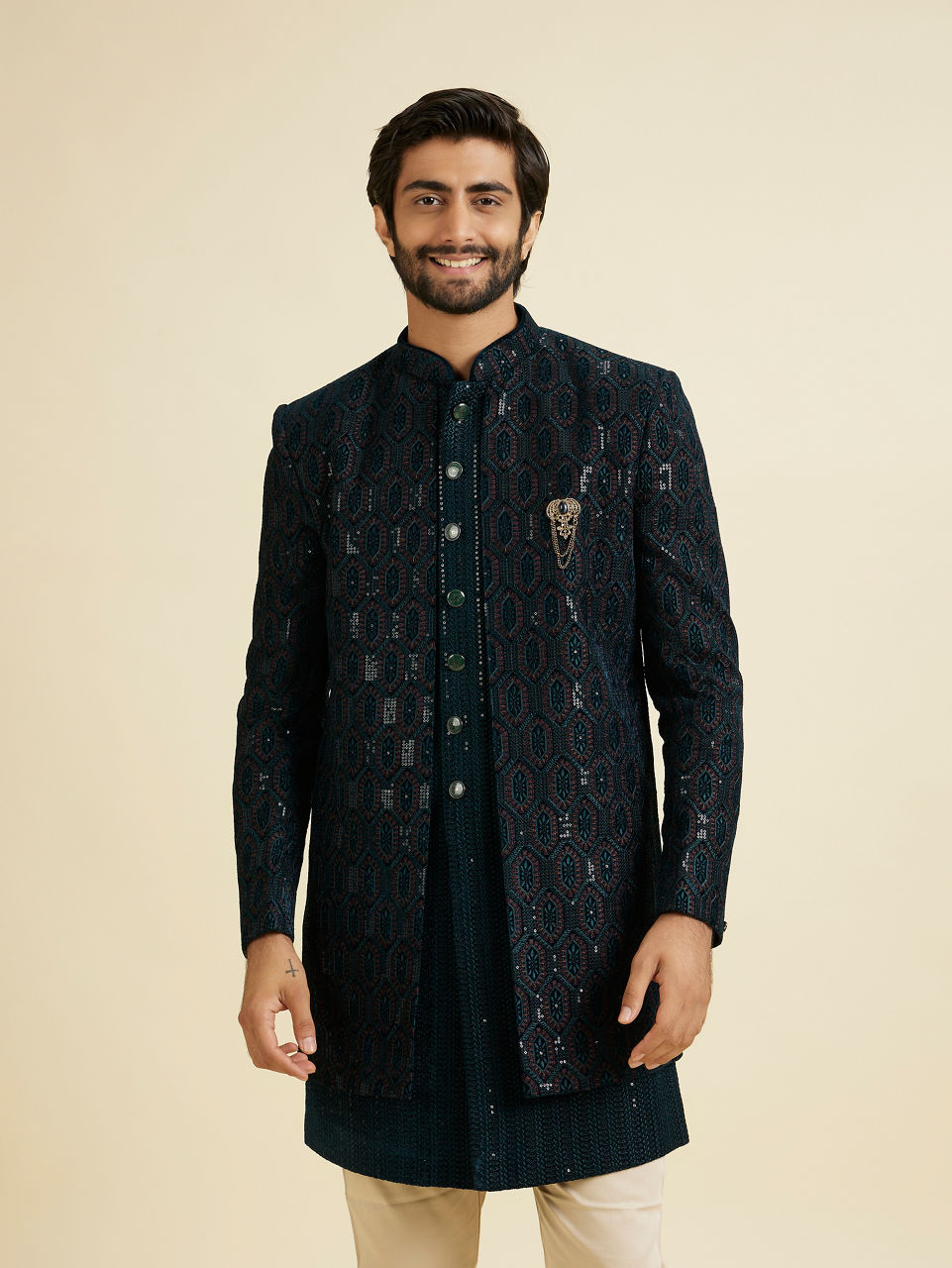 Manyavar Men Elegant Teal Green Velvet Indo Western