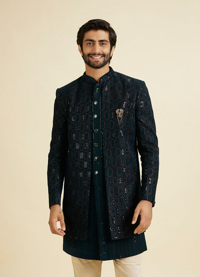 Manyavar Men Elegant Teal Green Velvet Indo Western
