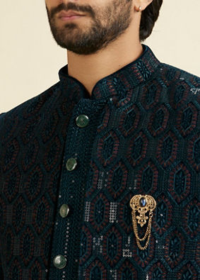 Manyavar Men Elegant Teal Green Velvet Indo Western