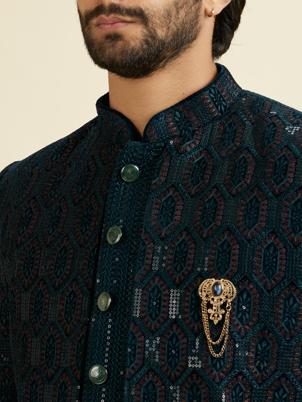 Manyavar Men Elegant Teal Green Velvet Indo Western
