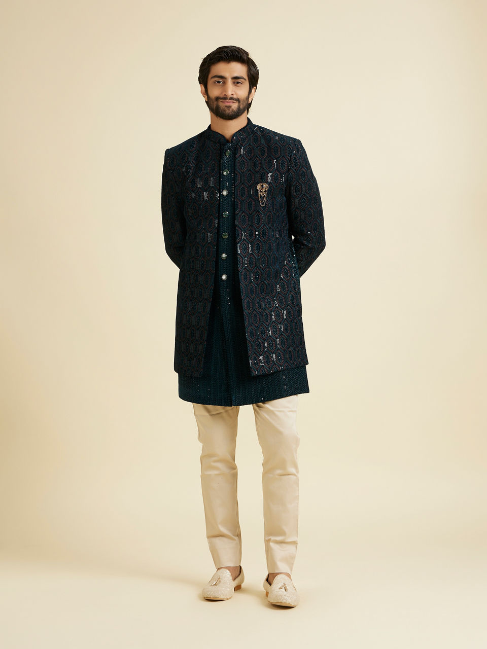 Manyavar Men Elegant Teal Green Velvet Indo Western