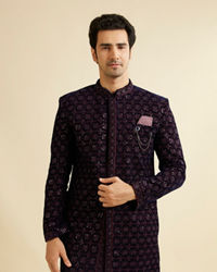 Manyavar Men Dark Blue Velvet Enchanting Ensemble Indo Western