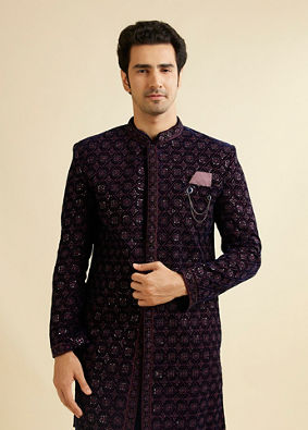 alt message - Manyavar Men Dark Blue Velvet Enchanting Ensemble Indo Western image number 1