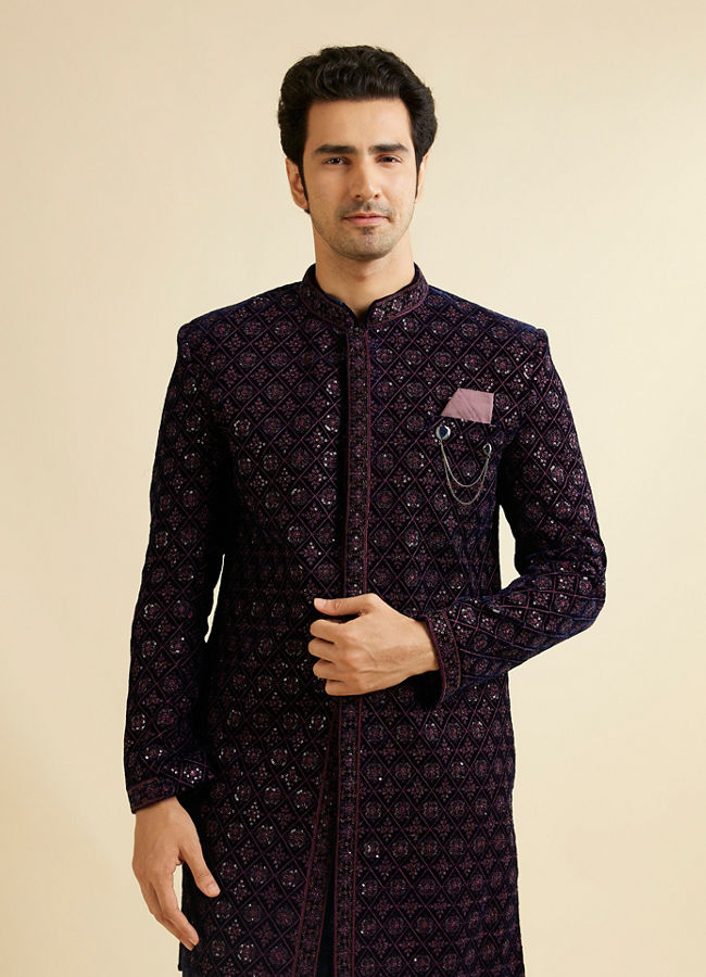 alt message - Manyavar Men Dark Blue Velvet Enchanting Ensemble Indo Western image number 1