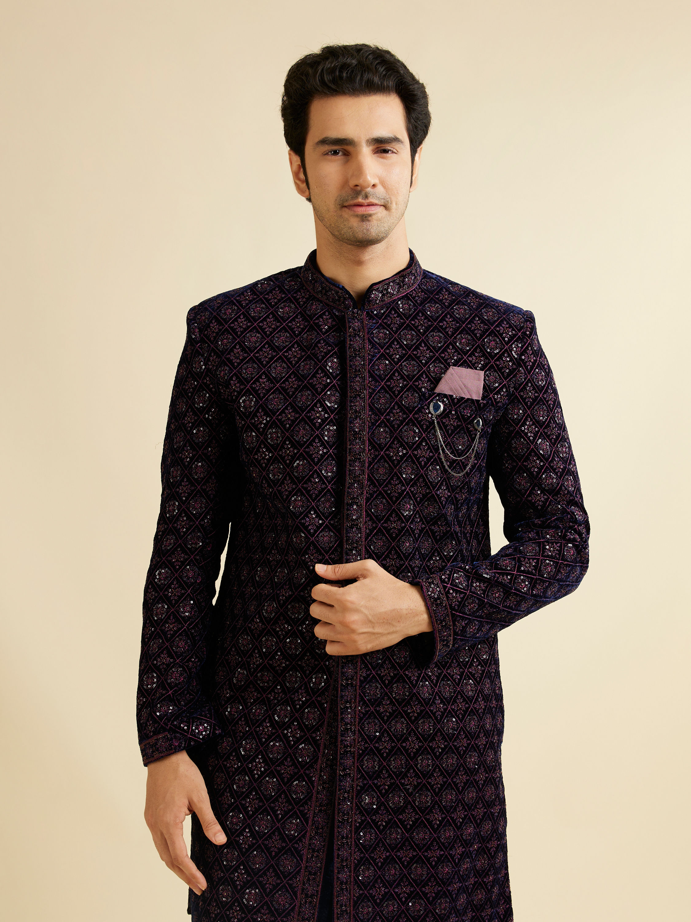 Manyavar Men Dark Blue Velvet Enchanting Ensemble Indo Western