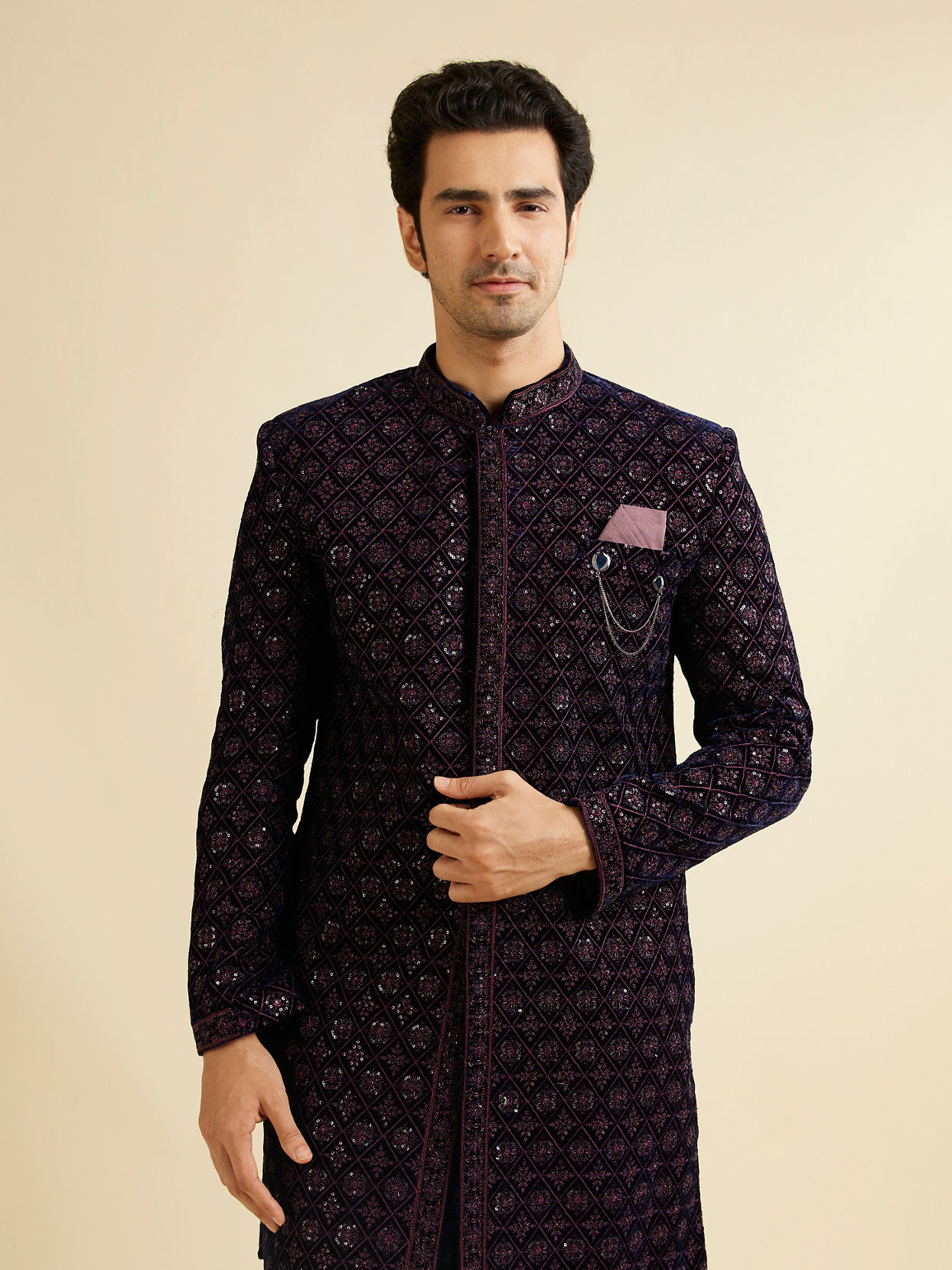 alt message - Manyavar Men Dark Blue Velvet Enchanting Ensemble Indo Western image number 1