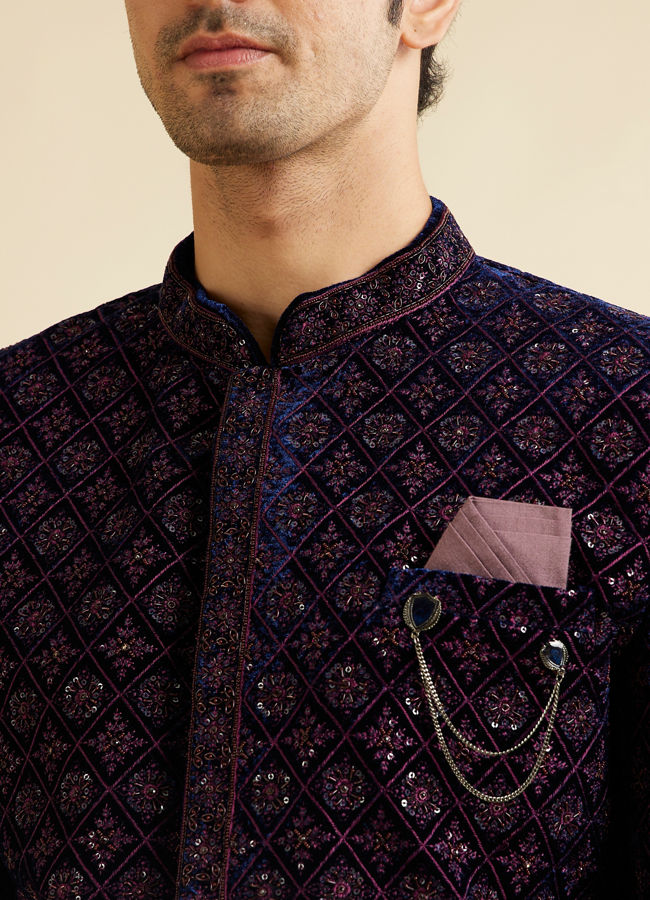Manyavar Men Dark Blue Velvet Enchanting Ensemble Indo Western