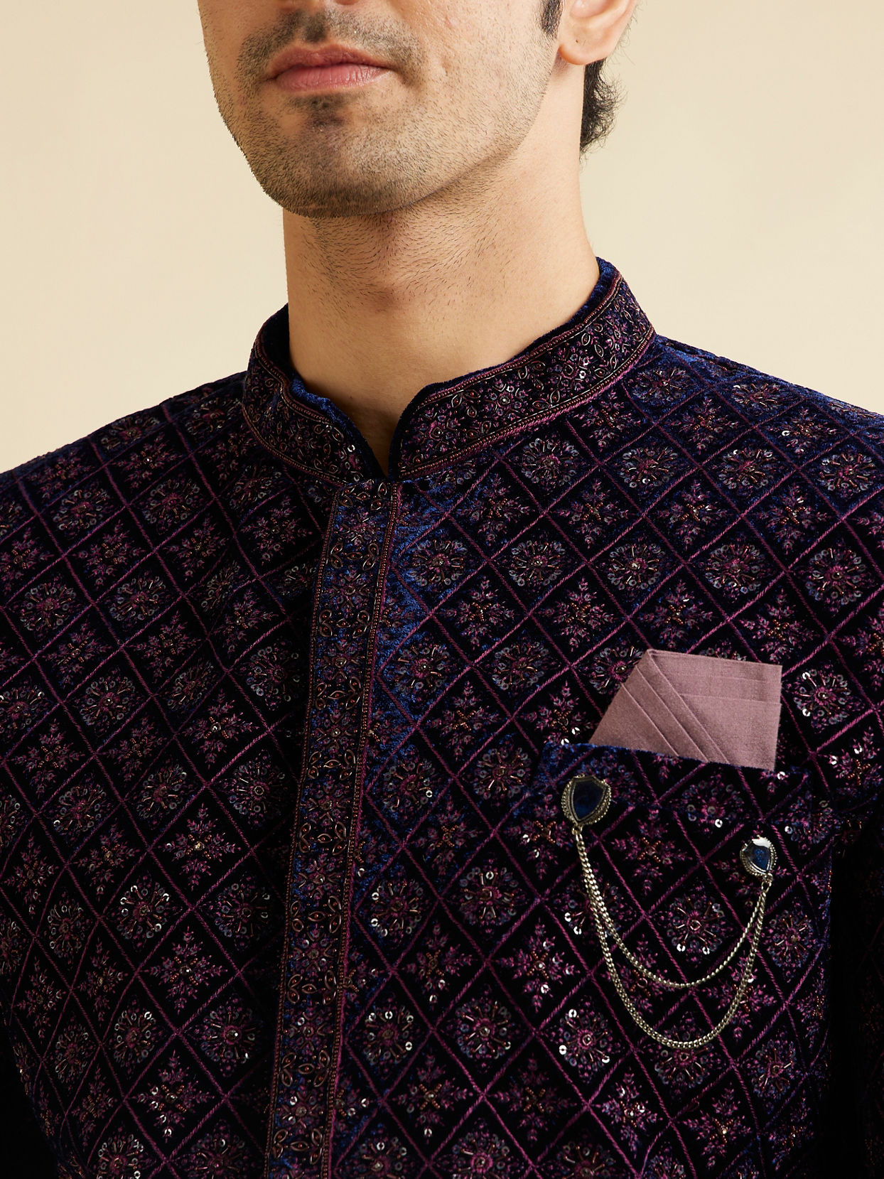 alt message - Manyavar Men Dark Blue Velvet Enchanting Ensemble Indo Western image number 2