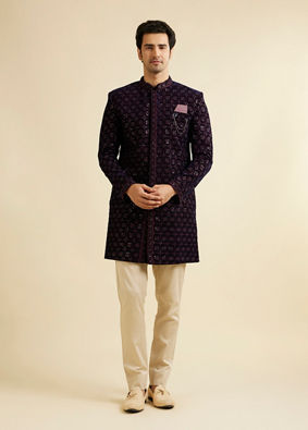 alt message - Manyavar Men Dark Blue Velvet Enchanting Ensemble Indo Western image number 3