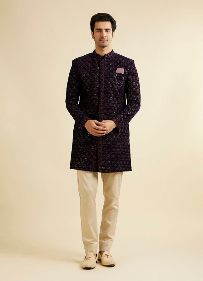 alt message - Manyavar Men Dark Blue Velvet Enchanting Ensemble Indo Western image number 3