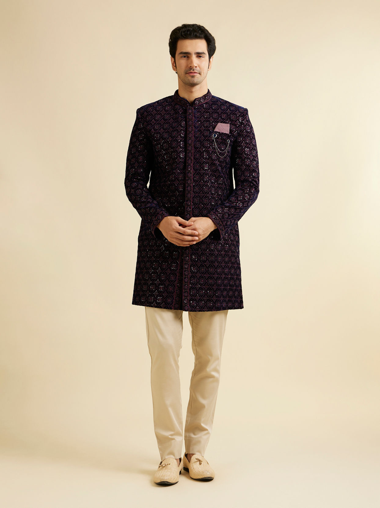 alt message - Manyavar Men Dark Blue Velvet Enchanting Ensemble Indo Western image number 3