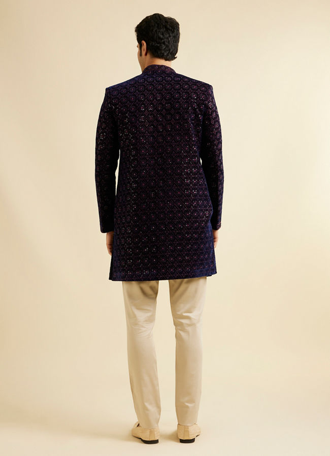 Manyavar Men Dark Blue Velvet Enchanting Ensemble Indo Western